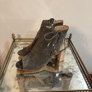 VANELi Ankle Booties Womens Size 11.5 Gray‎ Suede Peep Toe Block Heel Lace Up
